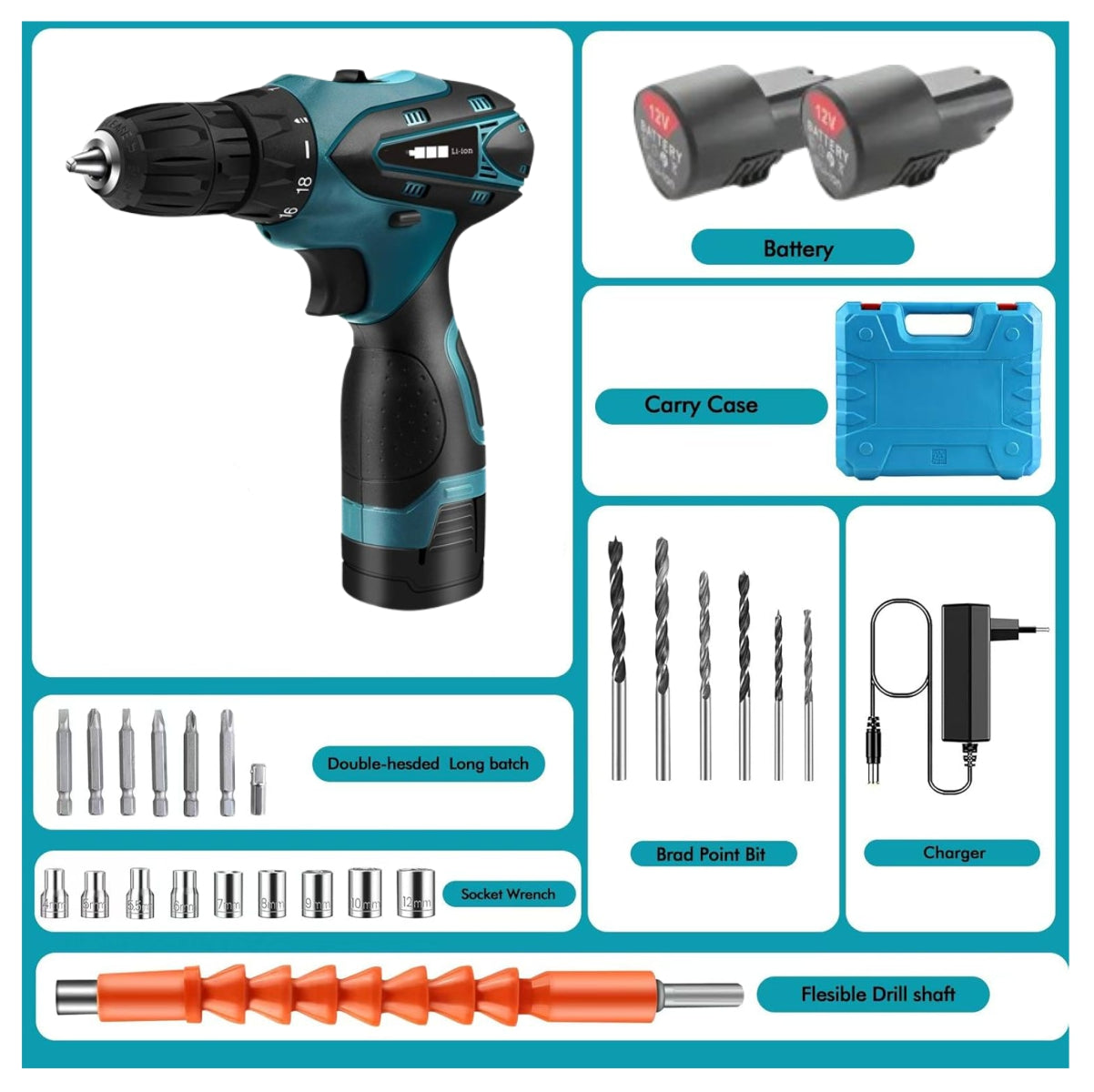 Kit Completo de Herramientas: Taladro 12V Inalámbrico + Maletín de Transporte