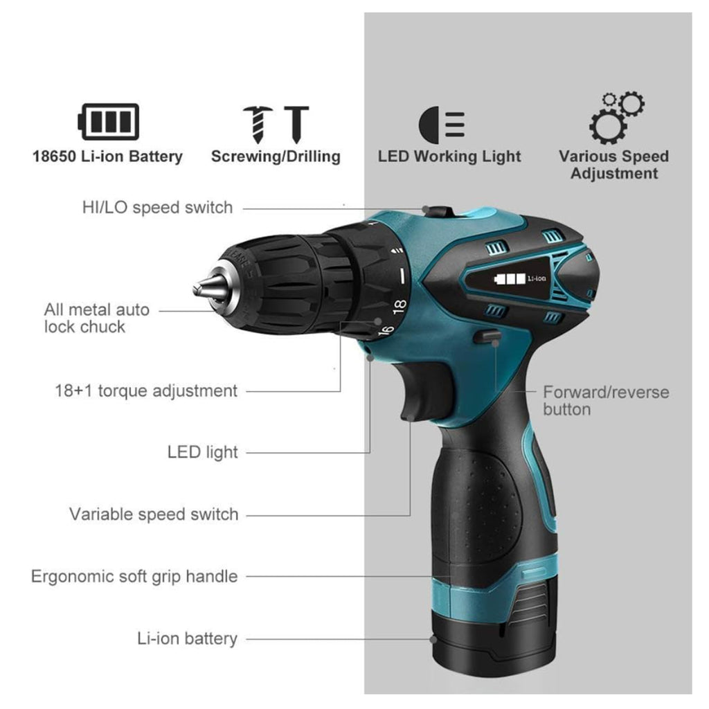 Kit Completo de Herramientas: Taladro 12V Inalámbrico + Maletín de Transporte