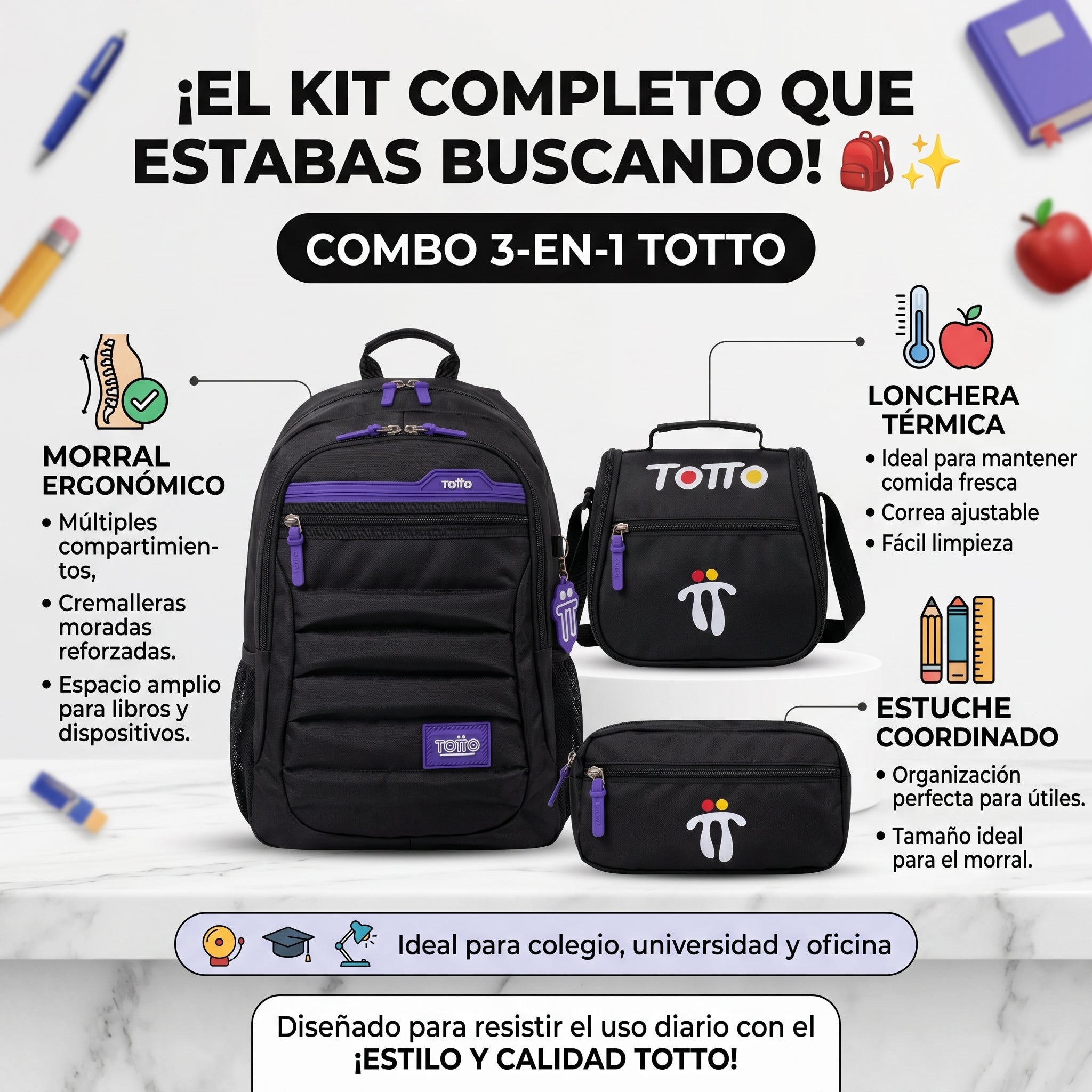 Combo 3 en 1: Morral Totto Reforzado + Lonchera + Cartuchera