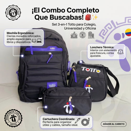 Combo 3 en 1: Morral Totto Reforzado + Lonchera + Cartuchera